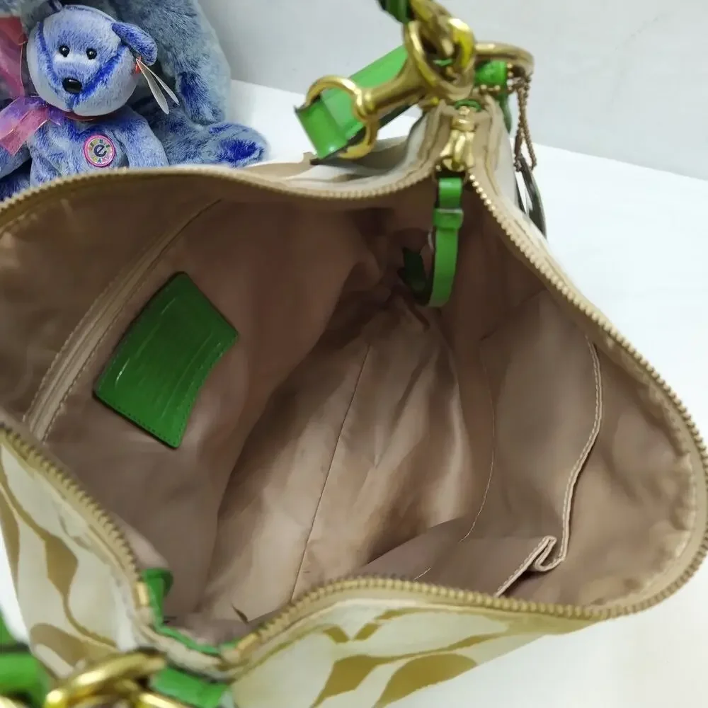 Coach Poppy Signature Brown Canvas Green Leather Trim Pushlock Crossbody Bag